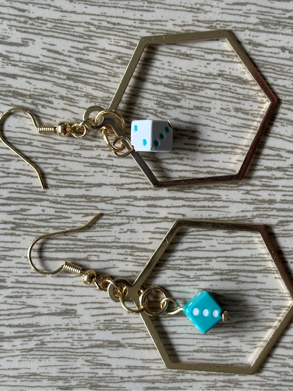 Hand Crafted Gold Tone Hexagon Earrings with White and Turquoise Dice Beads